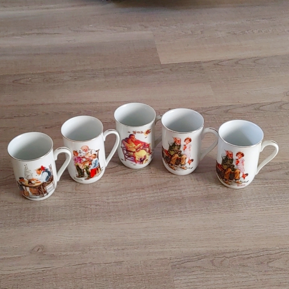 Vintage Norman Rockwell Museum Porcelain Collector Gold Trim Mugs 1982 Lot of 4